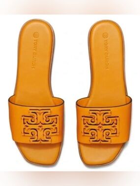 Tory Burch Ines Orange Leather Cutout Logo Slip-On Slide Mules Flat Sandals, 5